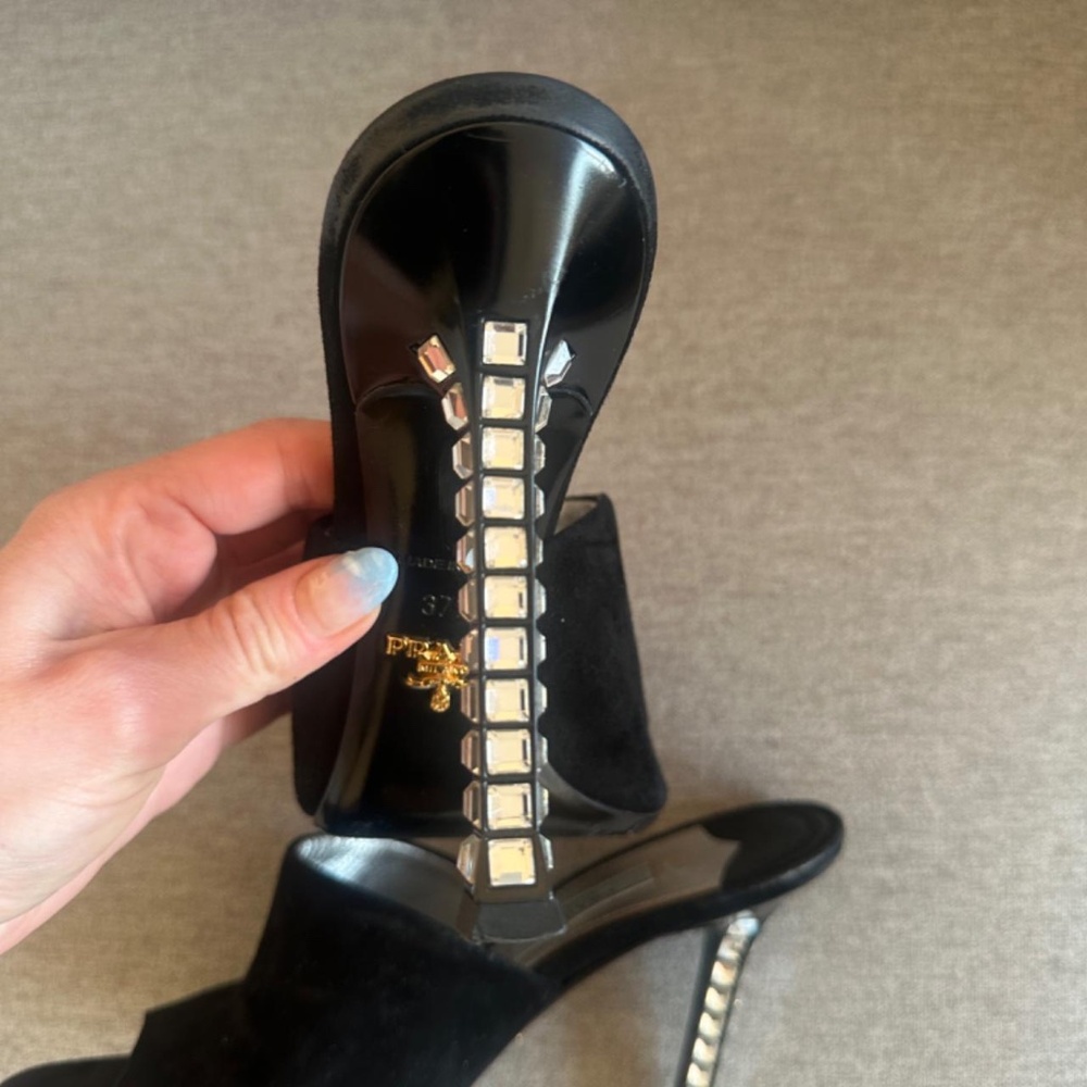 Prada Black Suede Crystal Embellishments Mules/ Slides/ Heels/ Sandals - Picture 3 of 7